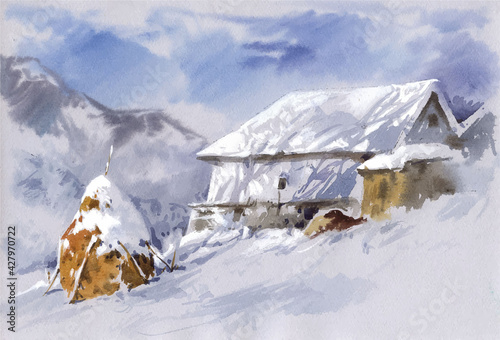 Hand drawn mountain hut in winter background