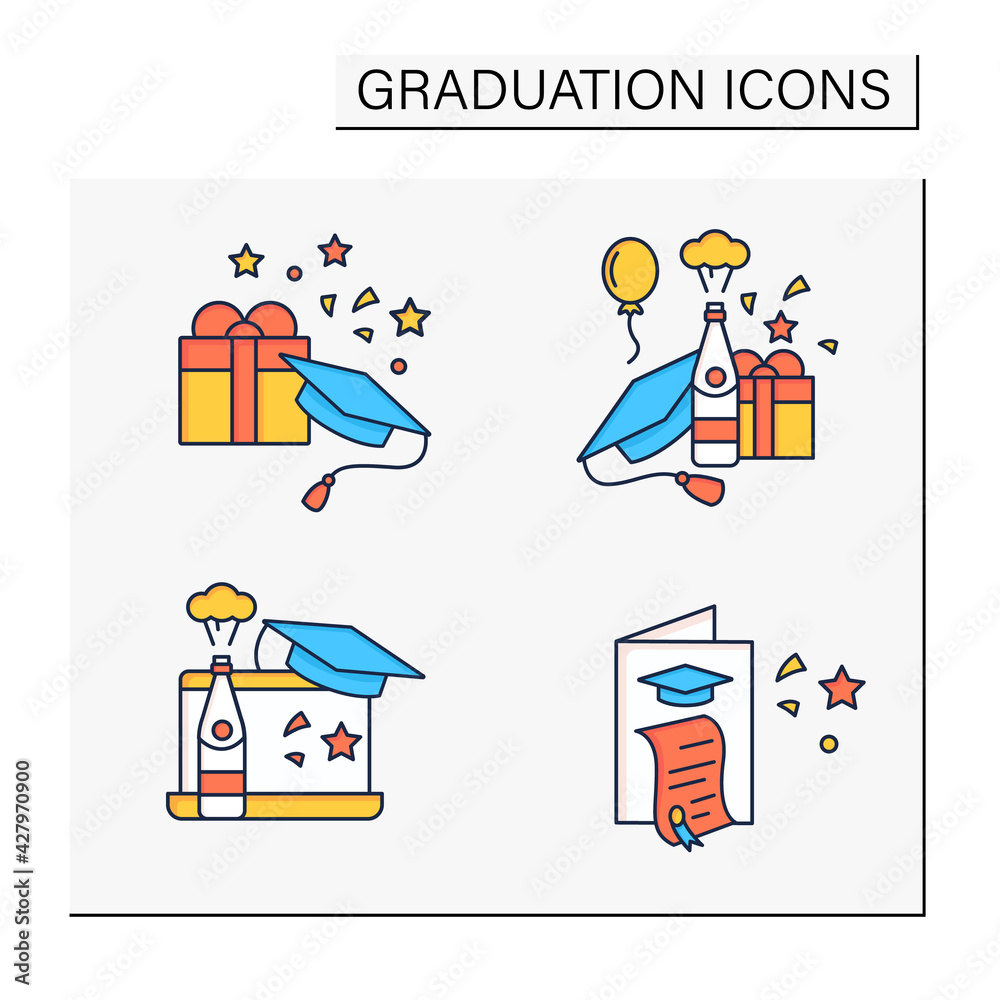 Graduation color icons set. Graduation party, gift, online party, card. Studying concept. Isolated vector illustrations Graduation color icons set. Graduation party, gift, online party, card. Studying concept. Isolated vector illustrations