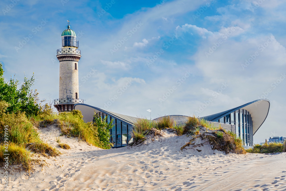 lighthouse in Warnemuende Rostock. Germany baltic sea vacation. - obrazy, fototapety, plakaty 