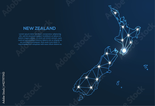New Zealand communication network map. Vector low poly image of a global map with lights in the form of cities. Map in the form of a constellation, mute and stars