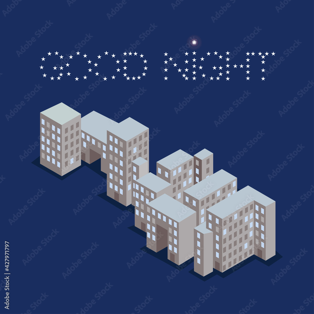 Vector web postcard for spam with block of multi-storey buildings on the dark blue background and text good night made of stars above the building