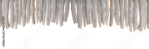 Driftwood banner. row of gray sea snags isolated on white background.Marine nature background. Marine gray driftwood set.Decor in a nautical style. sea driftwood banner