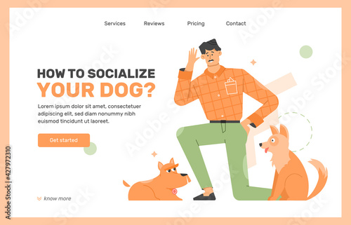 Training, education and socialization of dogs. Education of pets. Furry friends. Pet owner. Landing page design concept. Vector flat illustration.