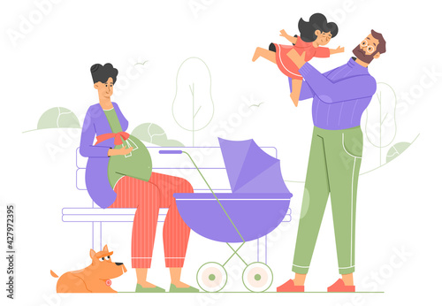 Happy family for a walk. A pregnant mom is sitting on a bench, a baby carriage, a dad is playing with a little daughter, a cute dog. Vector flat illustration.