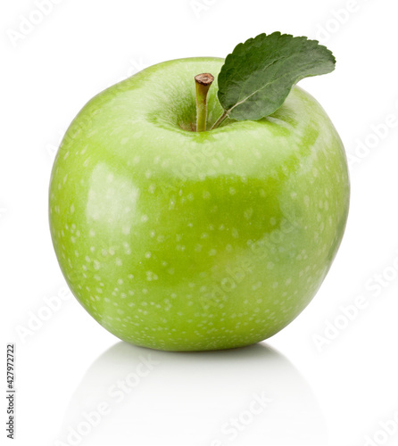 Ripe green apple with leaf isolated on white background