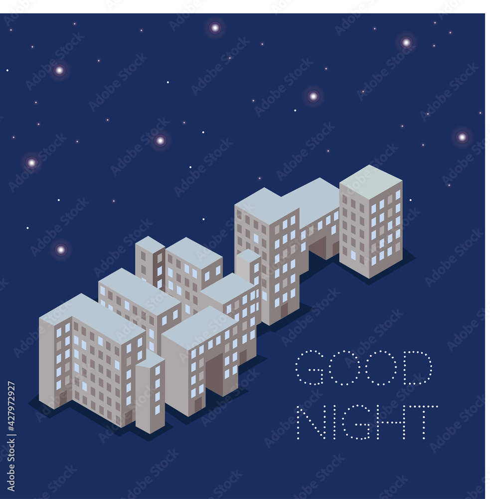 Vector web postcard for spam with block of multi-storey buildings on the dark blue background, stars above the building and text good night in right corner