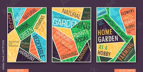 Gardening, Farming, Agriculture and Healthy Lifestyle Posters Set. A4 booklet template with typography composition. Vector banners