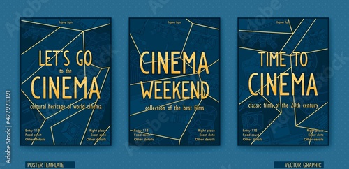 Let's go to the cinema. Ready billboard for the movie theater. Vector linear drawing. Trendy polygonal graphics in comic storyboard style.