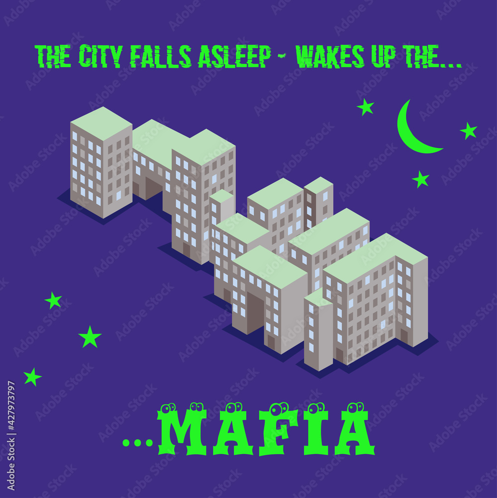 Bright JPEG cover for Mafia game with block of multi-storey buildings on the dark blue background, bright green text The city falls asleep wakes up the mafia and stars and moon around the building
