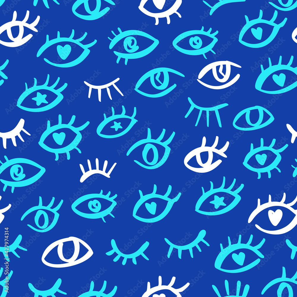 Fototapeta premium Eye blue seamless pattern with abstract doodle look. Simple style print design with hand drawn evil eyes. Hipster graphic pattern for packaging, fabric design. Open and wink eyes vector illustartion.