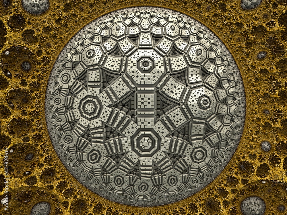 Bizarre 3D fractal background with recursive structures and shapes.