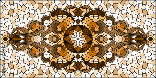 Illustration in stained glass style with abstract flowers, swirls and leaves  on a light background,horizontal orientation, sepia