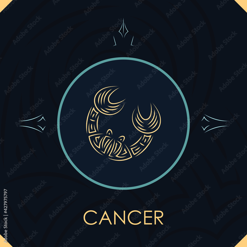 Cancer horoscope sign in twelve zodiac with abstract stars background, line art graphic Cancer horoscope sign in twelve zodiac with abstract stars background, line art graphic