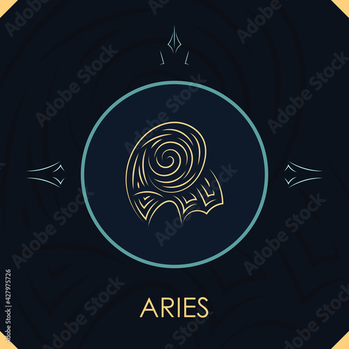 Aries horoscope sign in twelve zodiac with abstract stars background, line art graphic