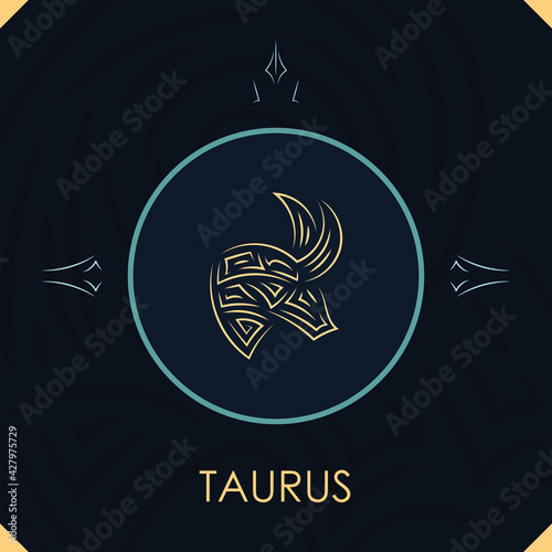 Taurus horoscope sign in twelve zodiac with abstract stars background, line art graphic