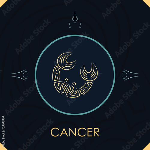 Cancer horoscope sign in twelve zodiac with abstract stars background, line art graphic