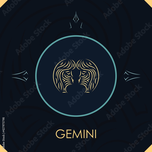 Gemini horoscope sign in twelve zodiac with abstract stars background, line art graphic