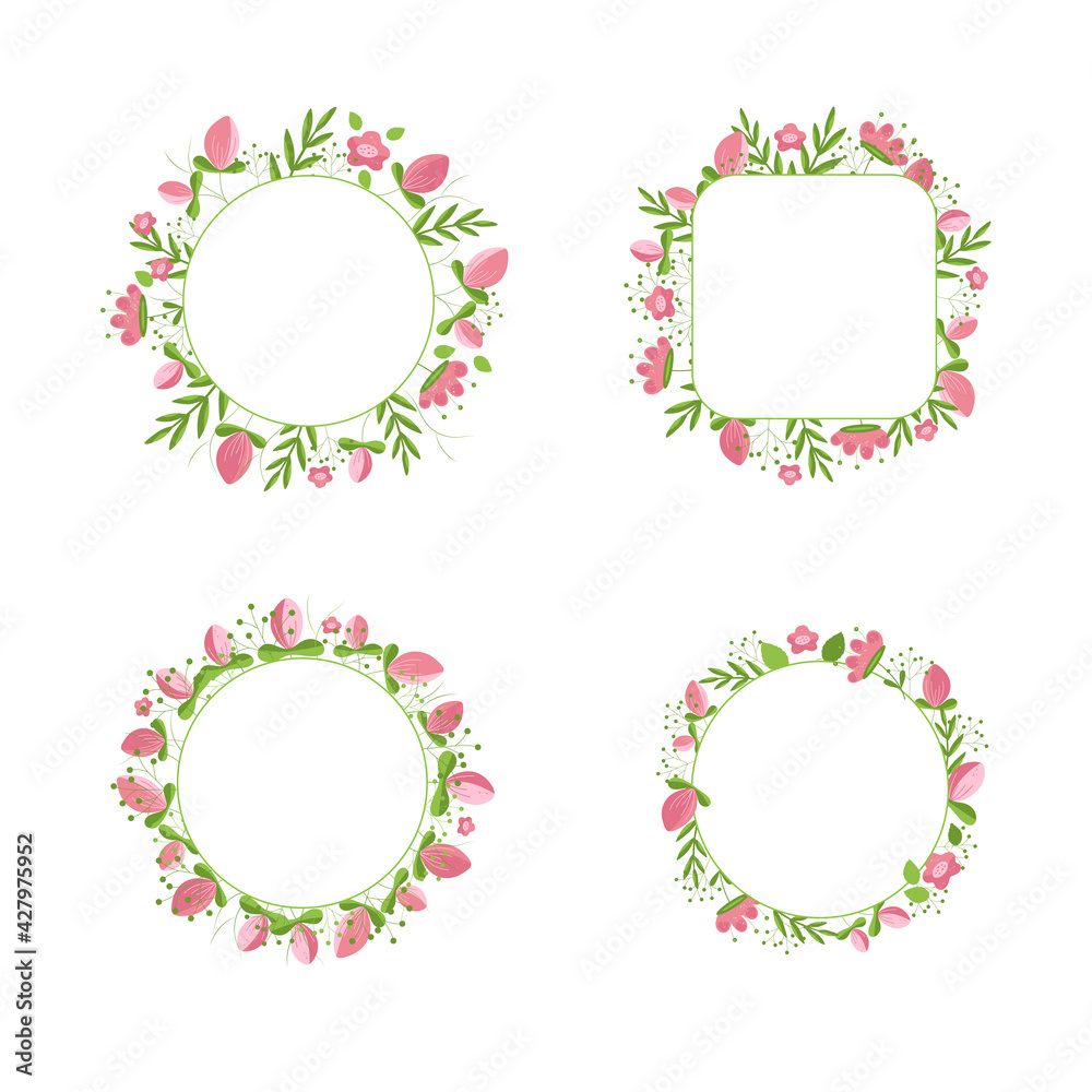 Romantic flower wreaths set.Vector round frame. Wreath of pink flower and green leaves on white background. Place for Your text. Perfect for greeting, invitation, announcement, web, wedding design.