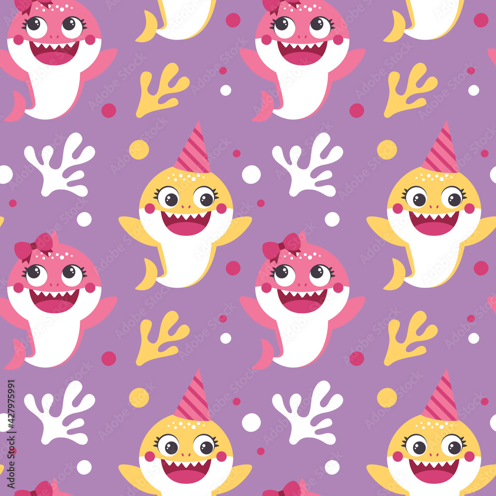 Fototapeta premium Seamless vector Pattern with Baby Shark for Birthday