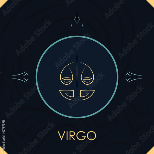Virgo horoscope sign in twelve zodiac with abstract stars background, line art graphic