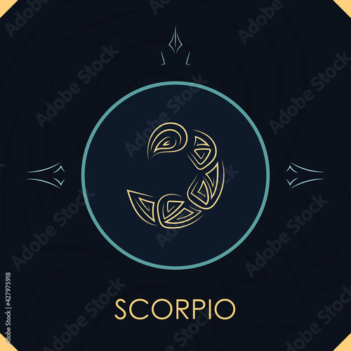 Scorpio horoscope sign in twelve zodiac with abstract stars background, line art graphic
