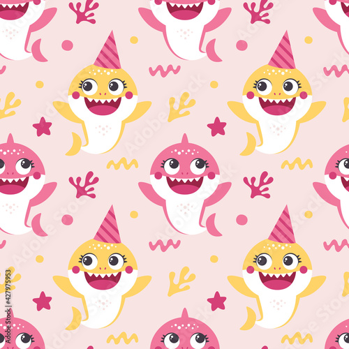 Seamless vector Pattern with Baby Shark for Birthday