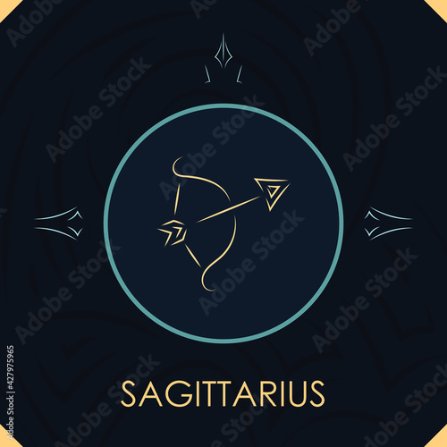 Sigittarius horoscope sign in twelve zodiac with abstract stars background, line art graphic