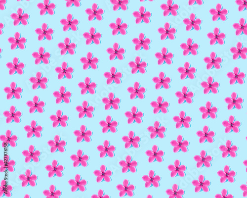 Pattern made of pink flowers on a light blue cyan background.