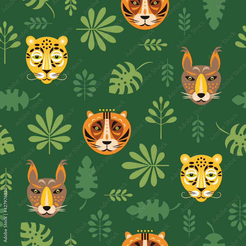 Seamless pattern with tigers and tropical leaves, green background
