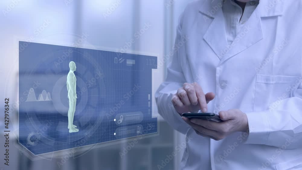 Doctor tapping on mobile phone and using a holographic interface to examine patient's medical data. Futuristic medical technology.