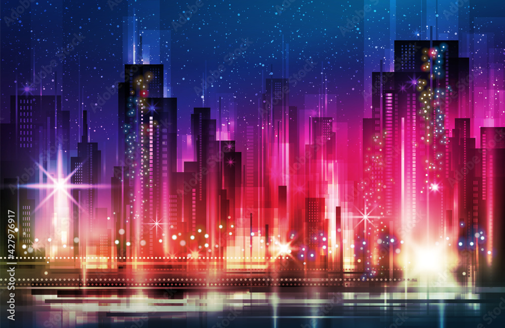 Illuminated night city skyline, vector illustration