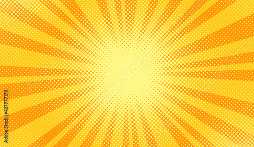 Pop art background. Comic halftone pattern. Yellow cartoon banner with dots and rays. Vintage duotone texture. Superhero starburst banner. Gradient wow design. Vector illustration.