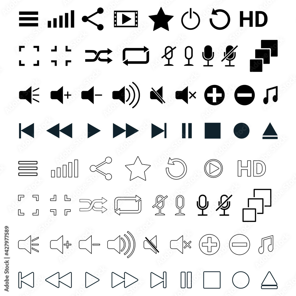 A set of media player icons.A collection of media player buttons.Speaker volume,play,pause and stop, microphone and record.Flat vector illustration. A set of media player icons.A collection of media player buttons.Speaker volume,play,pause and stop, microphone and record.Flat vector illustration.