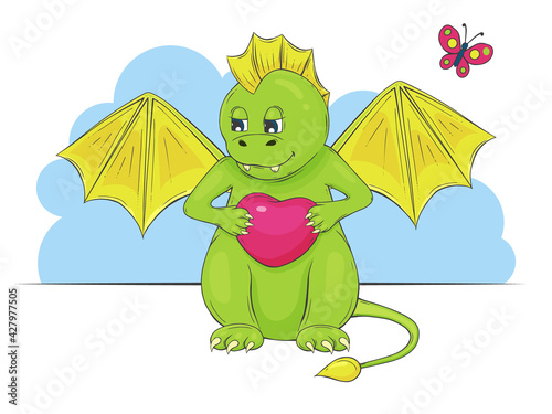 Cute dino baby in love. A cartoon character. Isolated on white. Vector children illustration.