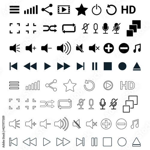 A set of media player icons.A collection of media player buttons.Speaker volume,play,pause and stop, microphone and record.Flat vector illustration.
