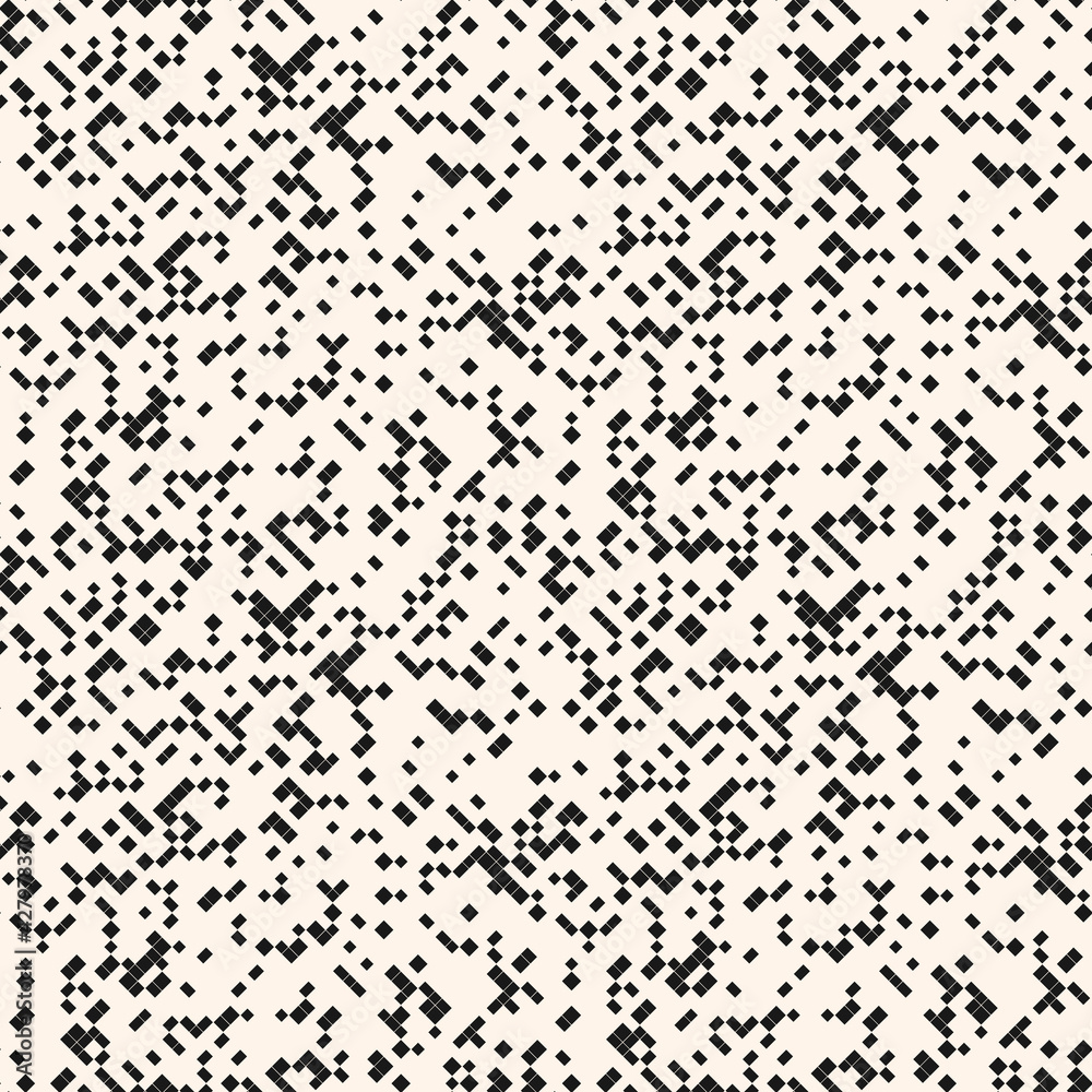 Vector abstract pixel mosaic background. Simple monochrome seamless pattern with small squares, tiny diamonds, rhombuses, randomly scattered dots. Black and white minimal grunge texture. Repeat design Vector abstract pixel mosaic background. Simple monochrome seamless pattern with small squares, tiny diamonds, rhombuses, randomly scattered dots. Black and white minimal grunge texture. Repeat design