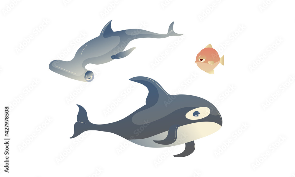 Ocean Underwater Animals with Floating Winghead Shark and Whale Vector Set Ocean Underwater Animals with Floating Winghead Shark and Whale Vector Set