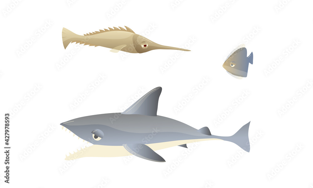 Ocean Underwater Animals with Floating Shark Vector Set Ocean Underwater Animals with Floating Shark Vector Set