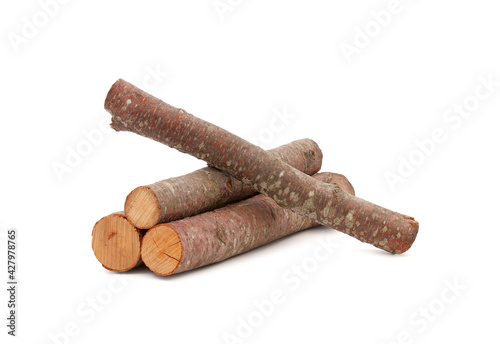 Pile of beech tree firewood isolated on white