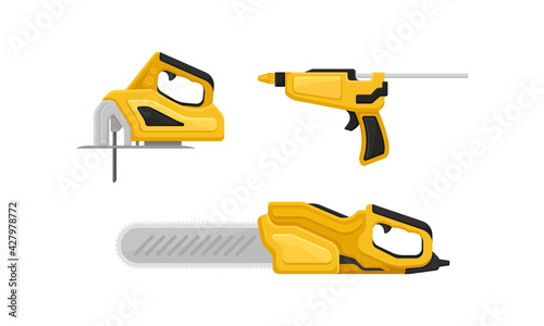 Yellow Power Tool for Construction Work Like Drilling and Cutting Vector Set