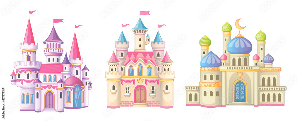 Beautiful fairy-tale castle for princess. Magic kingdom. Vintage Eastern Palace. Wonderland. Isolated cartoon illustration on a white background for stickers. Set of houses. Children's theme. Vector. 