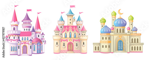 Beautiful fairy-tale castle for princess. Magic kingdom. Vintage Eastern Palace. Wonderland. Isolated cartoon illustration on a white background for stickers. Set of houses. Children's theme. Vector. 