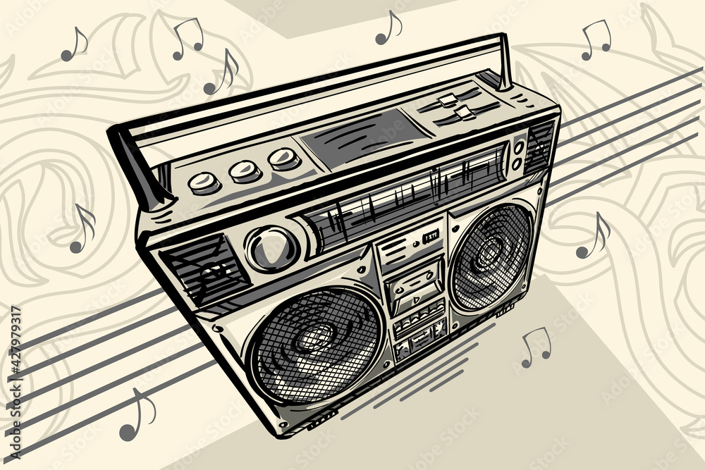 Monochrome musical funky drawn boombox with notes
