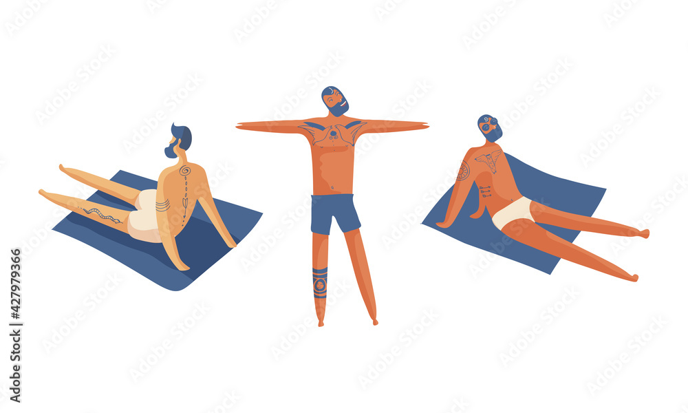 Tattooed Man Standing and Sitting on Beach Towel Sunbathing Vector Set Tattooed Man Standing and Sitting on Beach Towel Sunbathing Vector Set