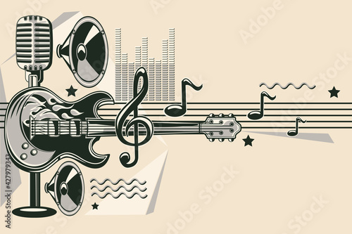 Monochrome music design background with guitar, microphone and loudspeakers