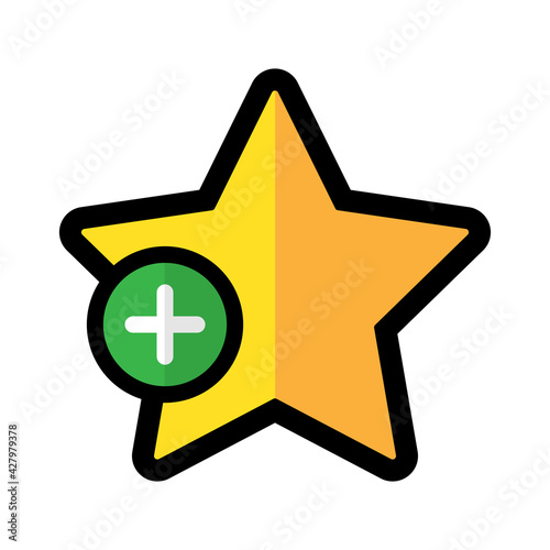 Golden star and plus sign. Add to favourites or bookmarks button. Vector illustration isolated on white background.