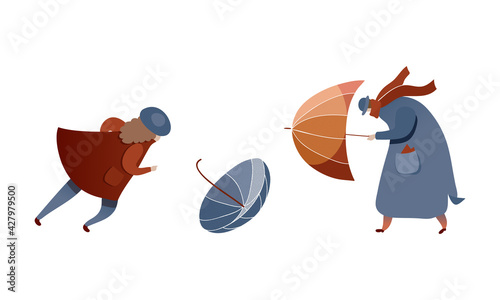 Male and Female Struggling to Hold Umbrella in Windy and Stormy Weather Vector Illustration Set