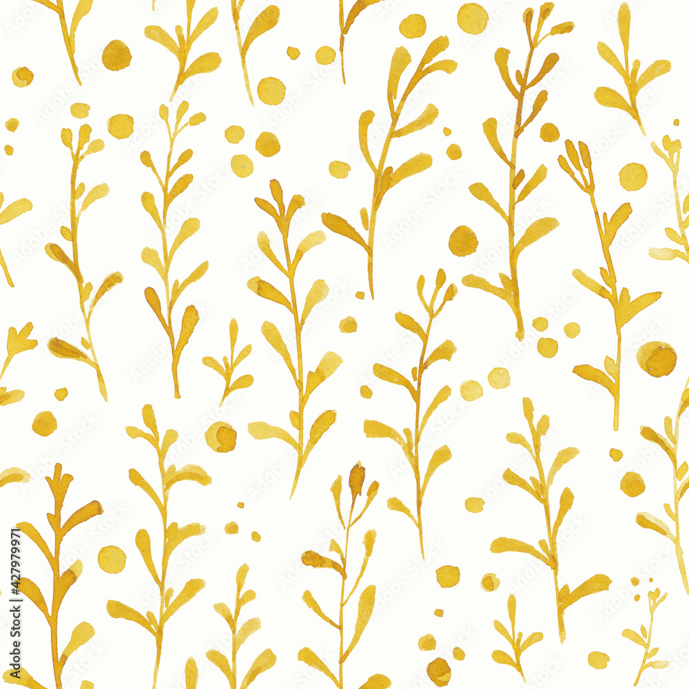 Pattern of flowers and grasses painted with watercolors on white background. Green leaves and flowers on a white background.