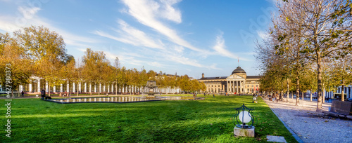 Kurhaus Wiesbaden (Health Spa) and park in autumn with fountain and panoramic view