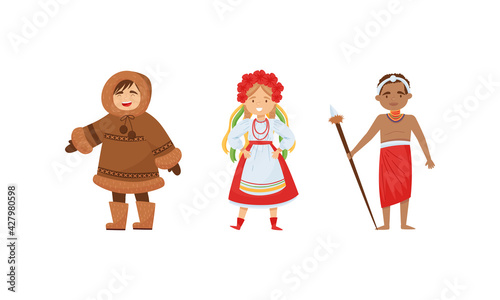 People Characters Wearing Traditional Ethnic Clothing of Various Countries Vector Set